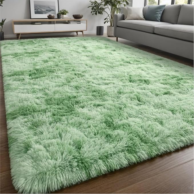 Nuttumico Fluffy Modern Area Rugs for Living Room Bedroom, 4x6 ft Sage Green Tie-Dyed Plush High Pile Rug for Kids Girls Room Nursery Home Decor, Upgrade Non-Slip Soft Indoor Rug