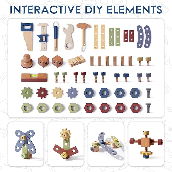 ROBOTIME Kids Tool Bench, Wooden Tool Workbench for Toddler, Tool Bench with Play Tools Set and Large Storage Space, Toy Workbench Workshop for Boys and Girls, Gift for Ages 3+