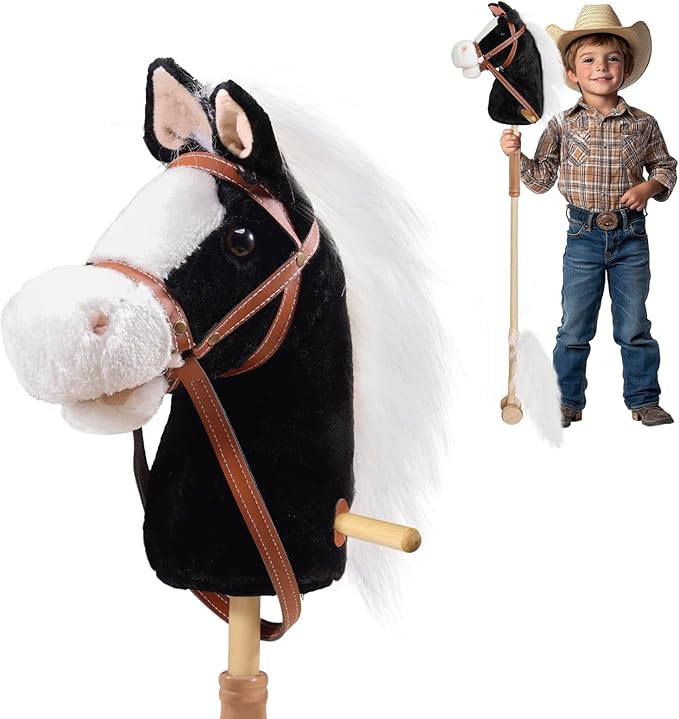Plush Stick Horse with Wood Wheels Real Pony Neighing and Galloping Sounds Plush Toy, Stick Pony Provides Fun Pretend Play for Toddlers & Preschoolers (AA Batteries Required)