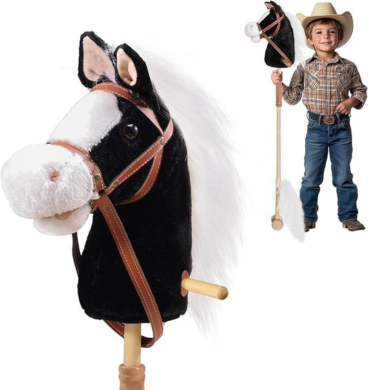 Plush Stick Horse with Wood Wheels Real Pony Neighing and Galloping Sounds Plush Toy, Stick Pony Provides Fun Pretend Play for Toddlers & Preschoolers (AA Batteries Required)