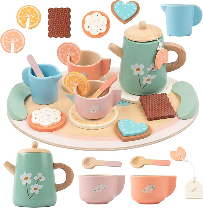 Tea Party Set for Little Girls, Wooden Kids Tea Set with Teapot Cups Coasters Carrying Dessert, Picnic Outdoor Toys Pretend Play Kitchen Accessories for 3 4 5 Years Old