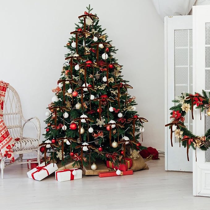 24Pcs Velvet Ribbon 5 x 7 Inch Christmas Ribbon 3/8 Inch Wide Christmas Bows Vintage Velvet Bows for Christmas Tree Brown Bows for Christmas Tree Decorations