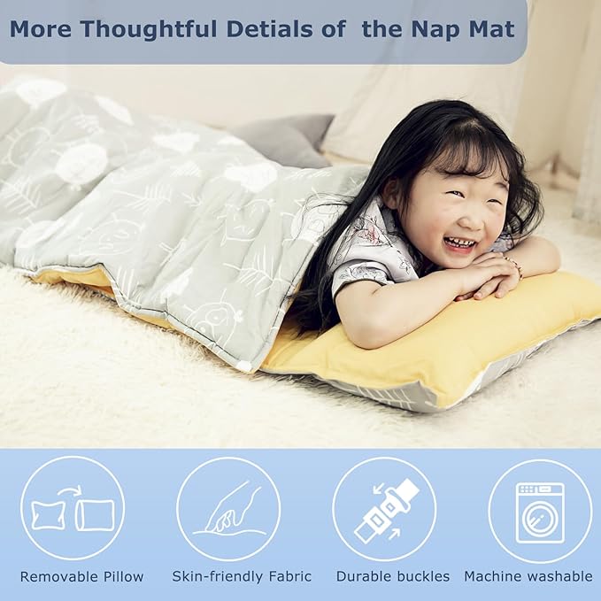 Toddlers Nap Mat with Removable Pillow and Soft Blanket, Lightweight Daycare Preschool Kindergarten Sleeping Bag, Travel Slumber for Kids Girls Boys