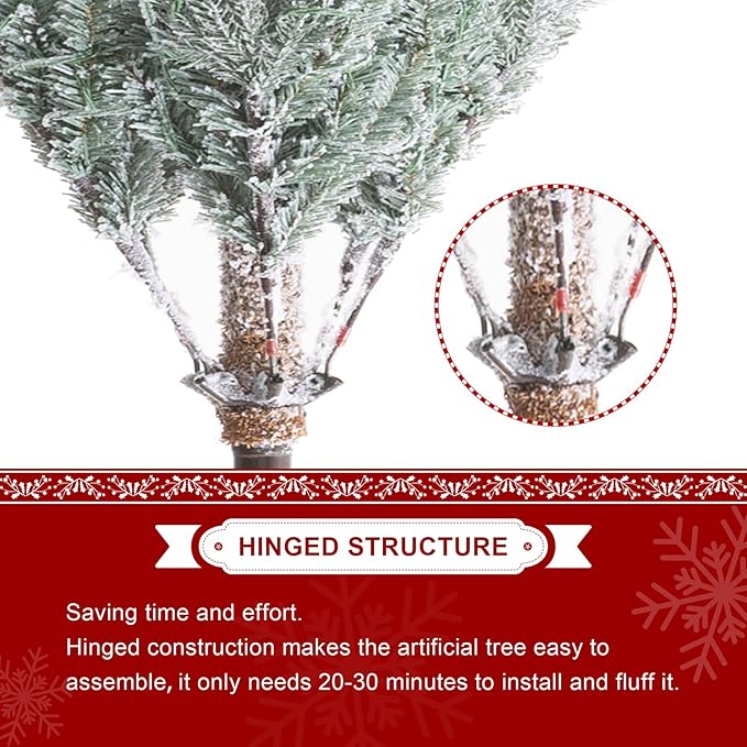 Glitzhome Prelit Christmas Tree, 10ft Artificial Christmas Tree with Easy Assembly Metal Stand, Deluxe Flocked Christmas Tree Majestic Frostfall Fir with 700 Warm White Lights for Holiday Decoration
