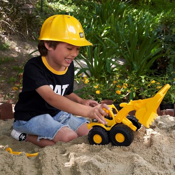 CAT Construction Toys, Front Loader Sand Set - 10" Loader, Hard Hat, & 3 Sand Tools - Kids Beach Toys And Outdoor Play