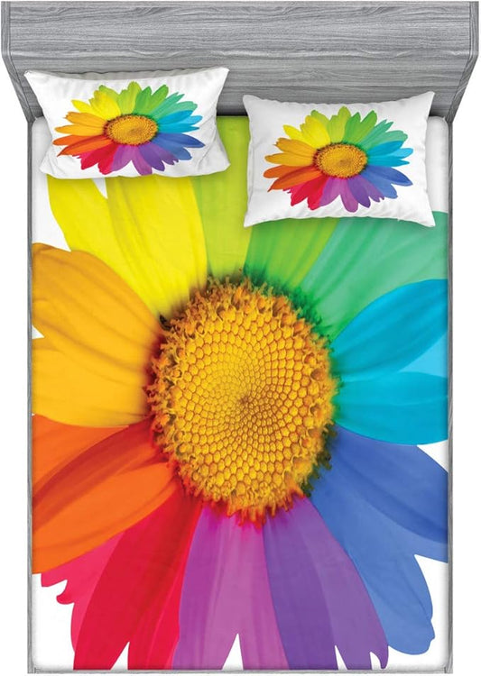 Ambesonne Flower Fitted Sheet & Pillow Sham Set, Multicolor White Colored Sunflower or Daisy Spring Inspired Hippie Style Modern Design, Decorativeed 3 Piece Bedding Decor Set, King, Multicolor White