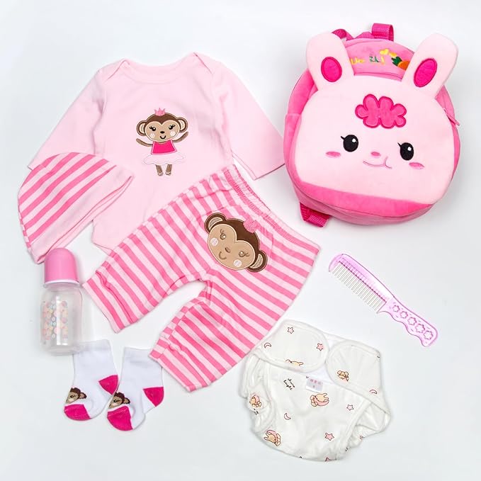 8 Pieces Reborn Doll Clothes Pink Accessories Set with Backpack for 17-22 inch Reborn Baby Doll Girl Clothing Kids Caring Set
