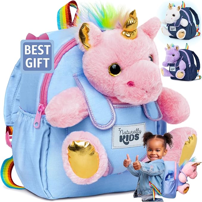 Naturally KIDS Pink Unicorn Toys, 3 Year Old Girl Gifts, Birthday Gifts for 2 Year Old Girls, Toddler Unicorn Backpack