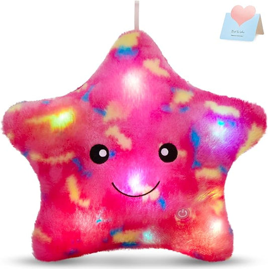 WEWILL 13'' Pink Light up Twinkle Star Glowing LED Night Light Plush Toy Pillows Stuffed Animal Birthday Christmas Holiday Valentines Gifts for Toddlers Girls
