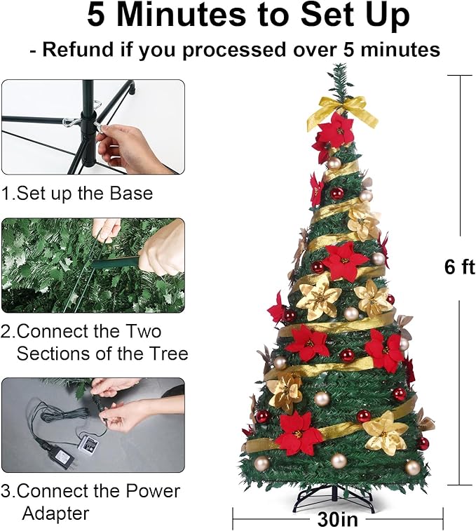 Pop Up Christmas Tree with Lights and Decorations & Remote, 6FT Prelit Pull Up Artificial Xmas Trees Decorated Christmas Tree with Red Gold Christmas Ball Ornaments Bows Ribbons Holiday Party Decor