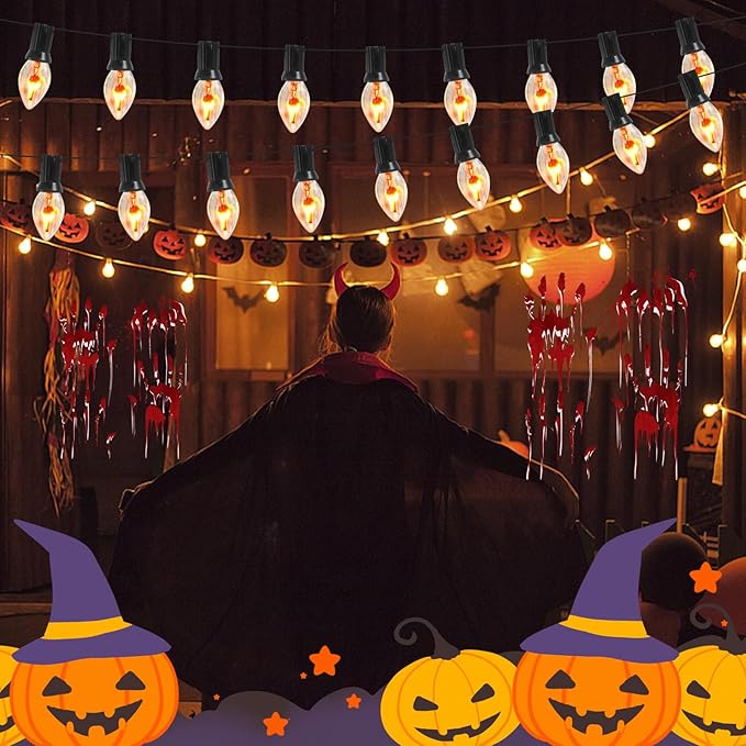 C7 Halloween Flicker Flame String Lights, 25Ft C7 Outdoor Christmas Decorations String Lights with C7 Clear Flicker Flame Bulbs, Hanging Patio Lights for Christmas Halloween Party Garden Porch-Black