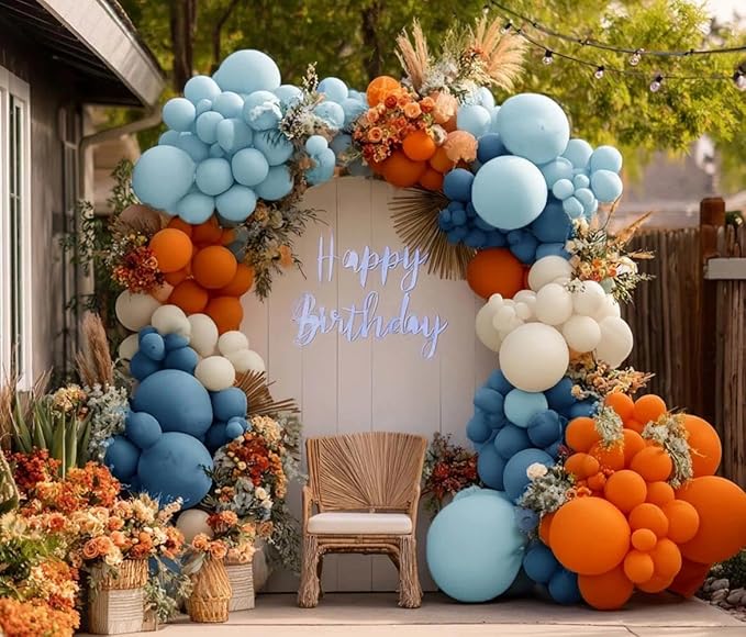 Orange Blue Balloon Arch Double Stuffed Latex Orange Sand White Balloons Light Blue White Balloon Garland for Birthday Fall Baby Shower Thanksgiving Harvest Autumn Home Decor