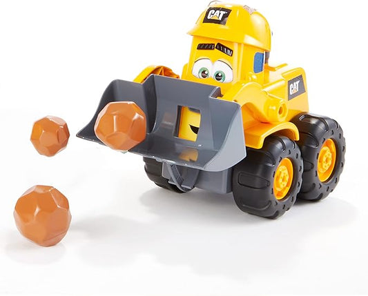 CAT Construction Toys, Front Loader Toy - Interactive Forward & Back Motion, Lights & Sounds, Animated Face - Batteries & Play Rocks Included - Ages 2+