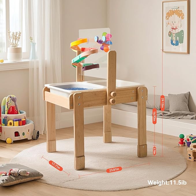 bopoobo Sand and Water Table for Toddlers, 4 in 1 Kids Wooden Sensory Activity Table with 2 Storage Bins, Painting Acrylic Board, Slide Track Toy & Windmill Suction Cups Toy, Beach Accessories