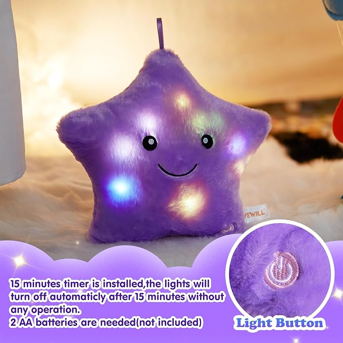 WEWILL 9'' LED Twinkle Star Soft Plush Pillow Toys Glowing Stuffed Star Light up Pillow Plush with Colorful Night Lights Birthday Valentines Gift for Toddler Kids(Purple)