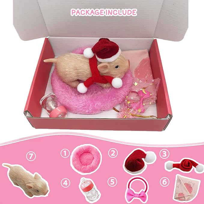 5 Inches Silicone Piglet with Accessories, Soft Mini Realistic Silicone Animals for Kids Christmast Gift（Christmas Dora）