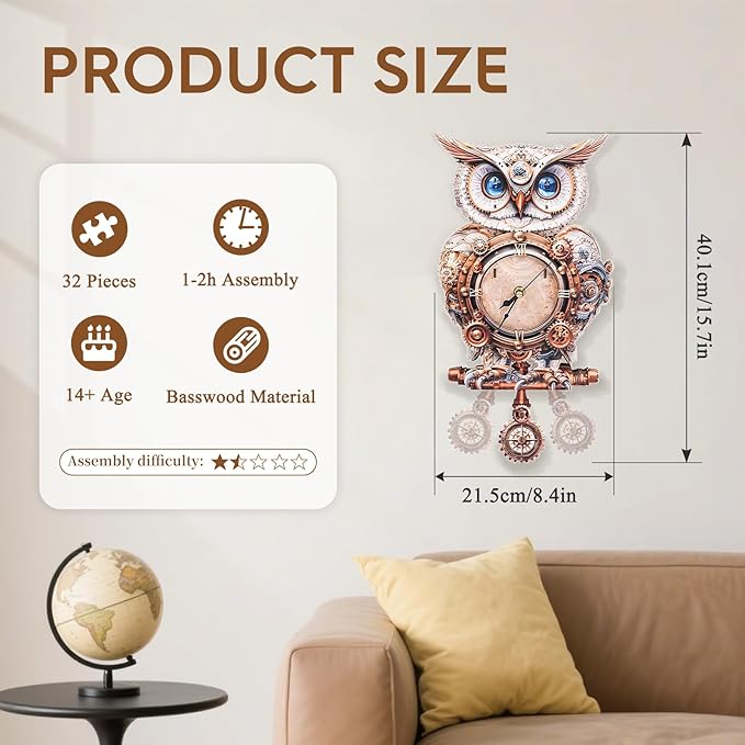 3D Puzzles for Adults Clock-Mechanical Owl Design Model Kit-Mechanical DIY Pendulum Clock with Roman Numerals-Desk Home Office Decor Personalized Gift for DIY Lovers