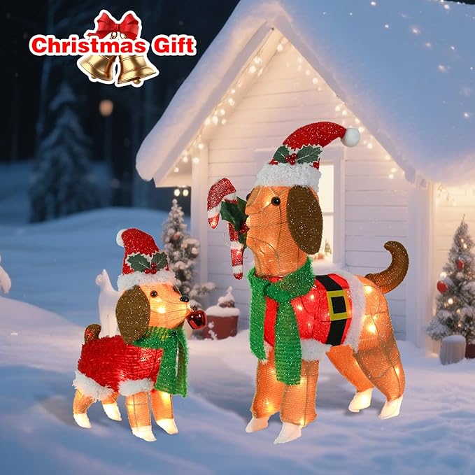 VCUTEKA 2FT Lighted Outdoor Christmas Beagle Decoration, Adorable Dog Set with LED Lights, Glittered Holiday Display for Lawn, Garden, Yard or Home Christmas Décor