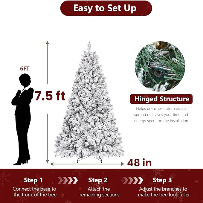 7.5ft Unlit Snow Flocked Christmas Tree, Artificial Christmas Tree with 1200 Branch Tips, Premium Spruce Full Xmas Tree for Easy Holiday Setup, Foldable Metal Base