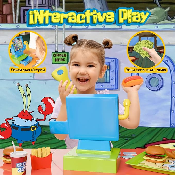 SpongeBob SquarePants Pretend Play Cash Register Toy with Sounds and Lights for Kids Krusty Krab Play Scanner and Fake Food for Boys Girls Toddlers