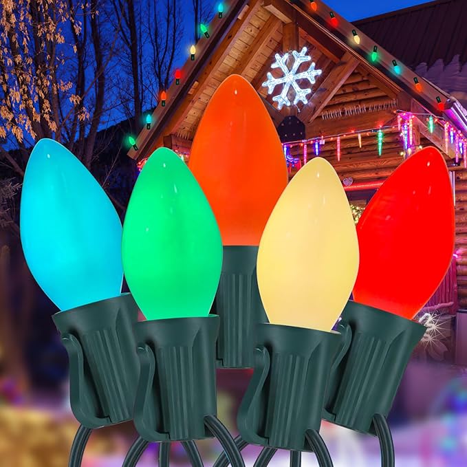 Abeja 25FT Outdoor C7 Multicolor Light, Vintage Christmas String Lights with 27 Multicolor Ceramic Bulbs (2 Spare), Hanging Christmas Lights for Outdoor Xmas Patio Wedding Party Garden Decor