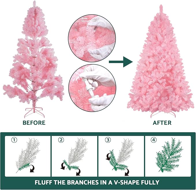 Annecy 6ft Pre-Lit Christmas Tree, Pink Artificial Full Spruce Christmas Tree for Home, Office, Party Decoration w/ 970 Branch Tips, 250 Warm White & Multi-Color Lights, Metal Hinges & Base, Pink 6ft