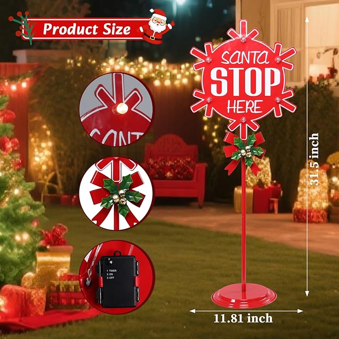 Christmas Santa Stop Here Sign with LED Light Battery Operated with Timer Christmas Stop Sign with Base Xmas Holiday Decorations Patio Lawn Yard Outdoor Display Decor