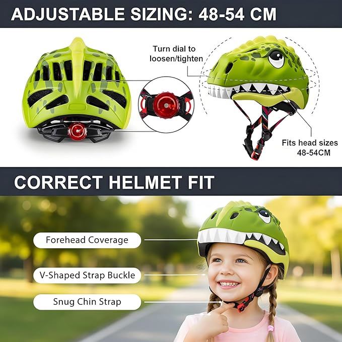 KINGBIKE Toddler Helmet 2-3-5-8 Years Kids Balance Bike Helmets Size Adjustable 3D Dinosaur with Led Light for Skateboard Scooter Cycling Skaterolling