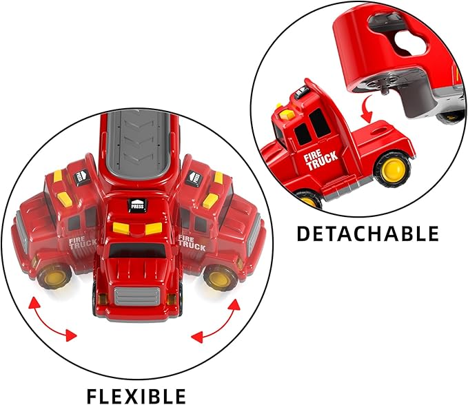 TEMI Fire Trucks Boy Toys for Toddlers 3-5 Year Old - Firetruck Toys for Kids 3 4 5 6 7, Transport Vehicle Carrier Set, Birthdays Gifts for Kids Girls Aged 4-6