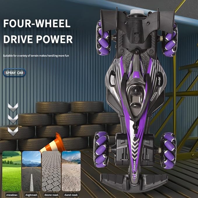 2.4GHz Remote Control Car - 360° Spin High-Speed Drift F1 Formula Racing, with Spray, Music & Light, Toy for Kids 8-12 Year Birthday Coolest Best Toy(Purple)