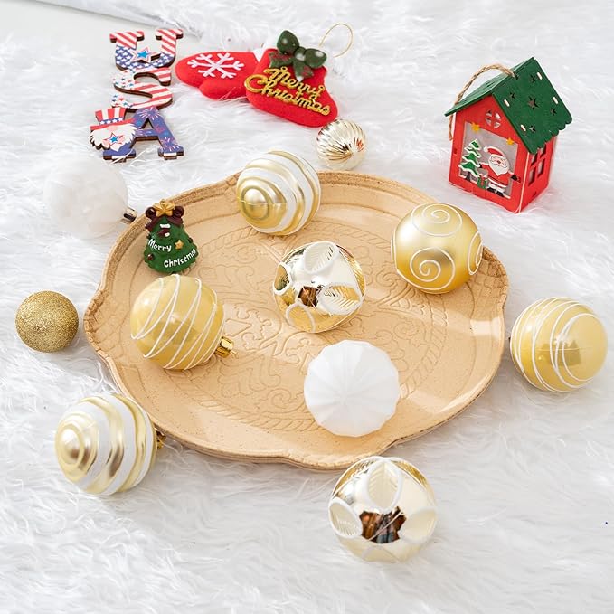 100Pcs Christmas Ball Ornaments Set, Shatterproof Plastic Gold and White Christmas Ornaments for Xmas Tree, Assorted Baubles Hanging Decorations for Holiday/Party/Wedding