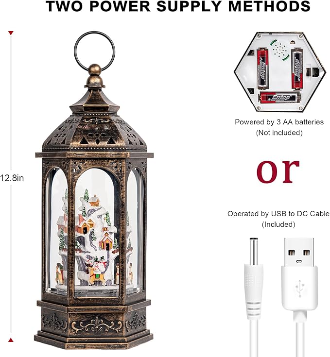 12.8'' Christmas Village Snow Globe Lantern, Santa Sleigh with Reindeer Will Rotate Around The Snowy Mountain Village with Musics Swirling Glitter Water Lantern for Home Decoration and Gift