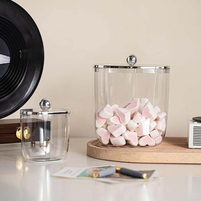 50oz Plastic Candy Dish with Lid for Office Desk, Cookie Storage Jar for Kitchen Counter, Plastic Apothecary Jar for Cotton Swabs, Balls, Cotton Pads, Floss Picks, Clear Lid, 1500ml