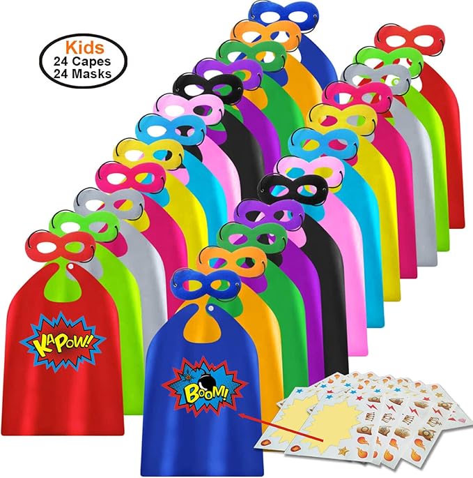 ADJOY Kids Superhero Capes and Masks 24 Sets Pack with Large Stickers - Superhero Themed Birthday Party Capes
