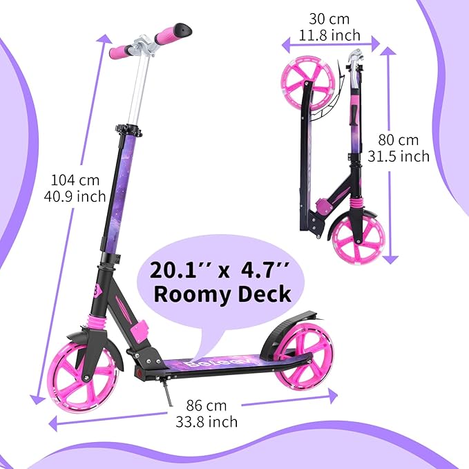 BELEEV V8 Scooters for Kids Ages 6+ with Light-Up Deck, 2 Wheel Folding Scooter for Adults Teens, 4 Adjustable Height, Lightweight Sport Commuter Scooter, Sturdy Frame, Max Load 220 lbs