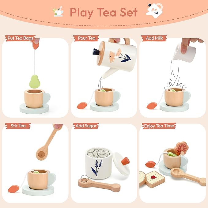 PairPear Wooden Tea Set for Toddlers,Wooden Toys Tea Party Set Play Kitchen Accessories for Kids Girls and Boys 3 Years and up,Toddler Princess Tea Time Party Food Toys