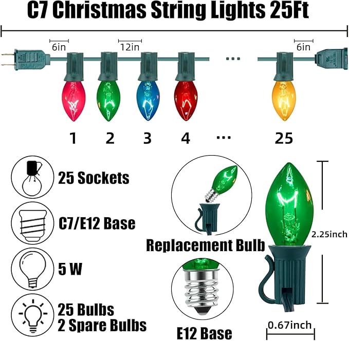 C7 Multicolor Christmas Lights Outdoor, 25FT Vintage Christmas Light Green Wire with 25+2 Clear Multicolored Bulbs, Outdoor String Lights for Xmas Tree Home Yard Wedding Party Decorations
