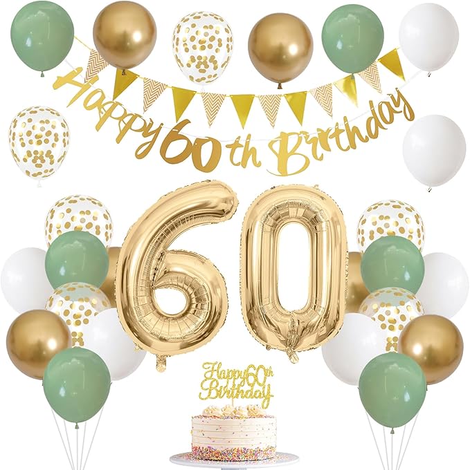 60th Birthday Decorations for Men Women, Sage Green White Gold Balloons With Happy 60th Banner, Cake Topper, Number 60 Foil Balloon for 60 Year Old Party Decoration