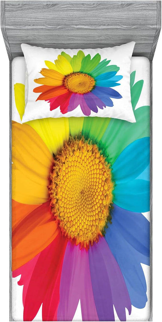 Ambesonne Flower Fitted Sheet & Pillow Sham, Multicolor White Colored Sunflower or Daisy Spring Inspired Hippie Style Modern Design, Decorativeed 2 Piece Bedding Decor, Twinxl, Multicolor White