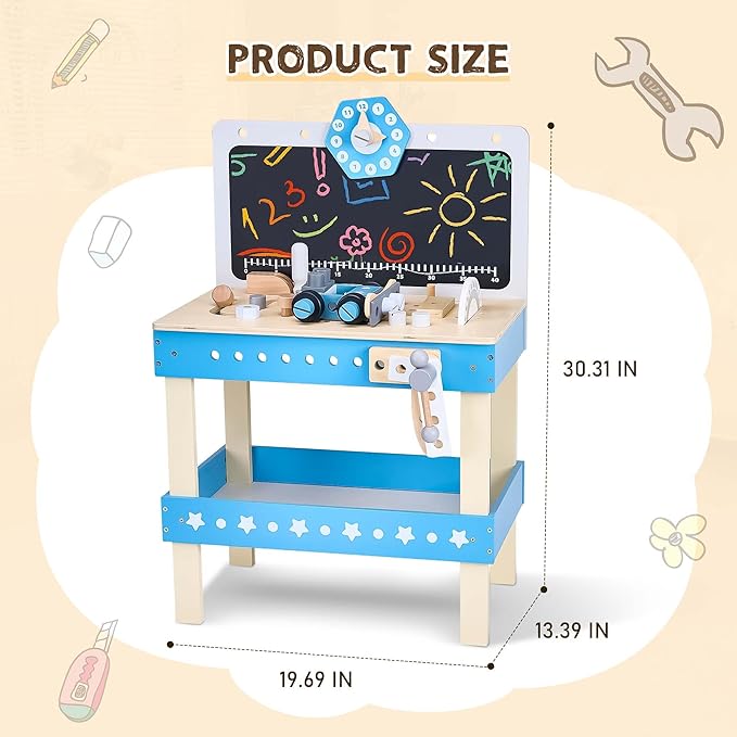 Kids Tool Set, Wooden Kids Tool Workbench Playset with STEM Construction Toys, Toddler Tool Bench with Ample Storage Space and Blackboard, Creative Gifts Tool Bench for Kids Ages 3-7, Dark Blue