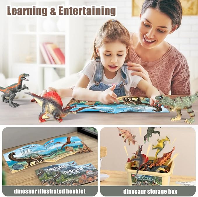OENUX Dinosaur Toys for Kids 3-5,12pcs Realistic Jurassic Dinosaur Figures Playset w/ Educational Booklet, Toddler Plastic Dinasour Including T-Rex, Triceratops, Dino Learning Toy for Boy Girl Age 4-7