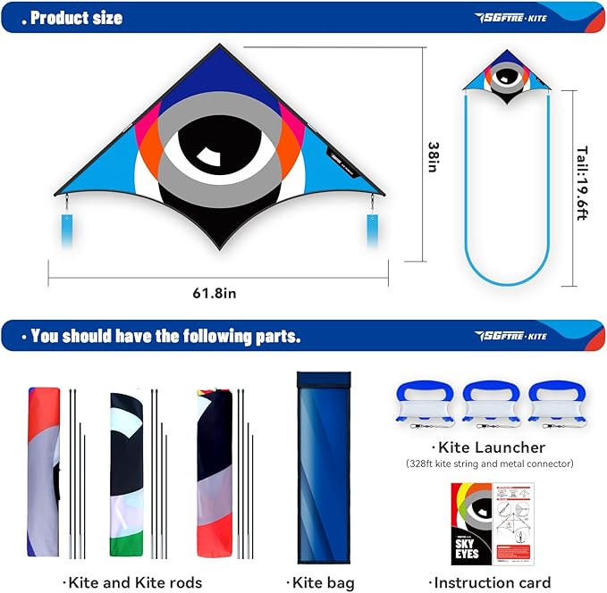 Delta Kite Set for Kids and Adults,Extremely Easy to Launch for Beginners, Perfect for Beaches and Parks,ites for Beach Trip Park Family Outdoor Games and Activities (Eye of The Sky Blue,red,green, 3)