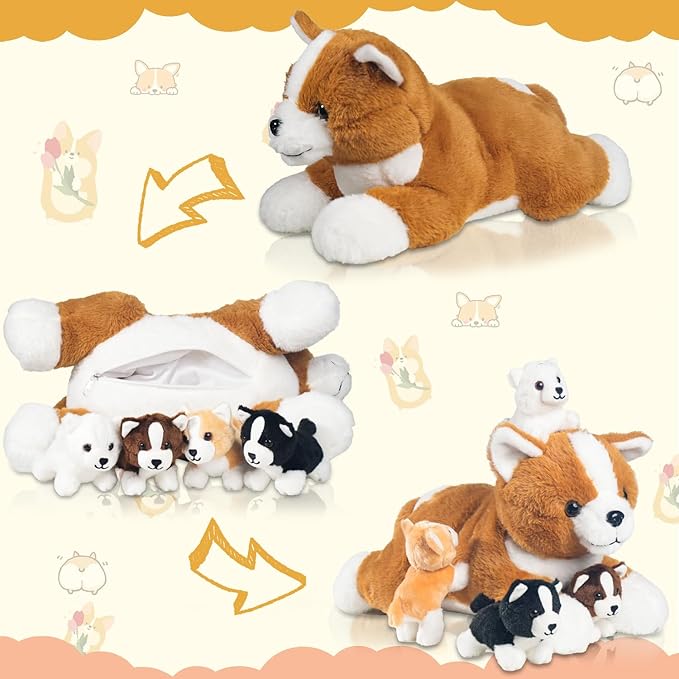 5 Pcs Corgi Stuffed Animal with 4 Babies Puppy Inside Big Mommy Dog Stuffed Animals in Zipper Belly Pouch, Cute Stuffed Corgi Plush Gifts for Kids Boys Girls Birthday Christmas Easter Stuffers Gifts