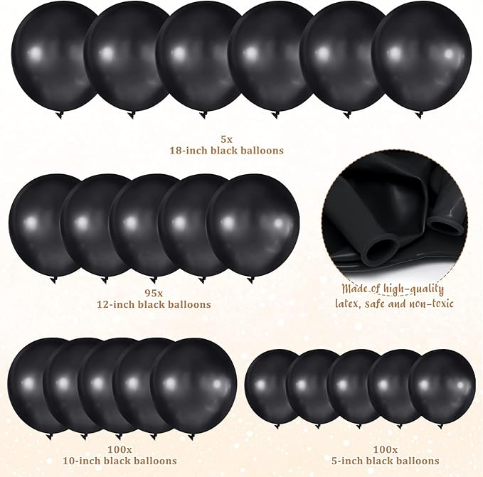 300 Pcs Latex Balloons Different Sizes 5/10/12/18 Inch Party Anniversary Balloons Bulk for Birthday Wedding Baby Shower Party Decoration(Black)