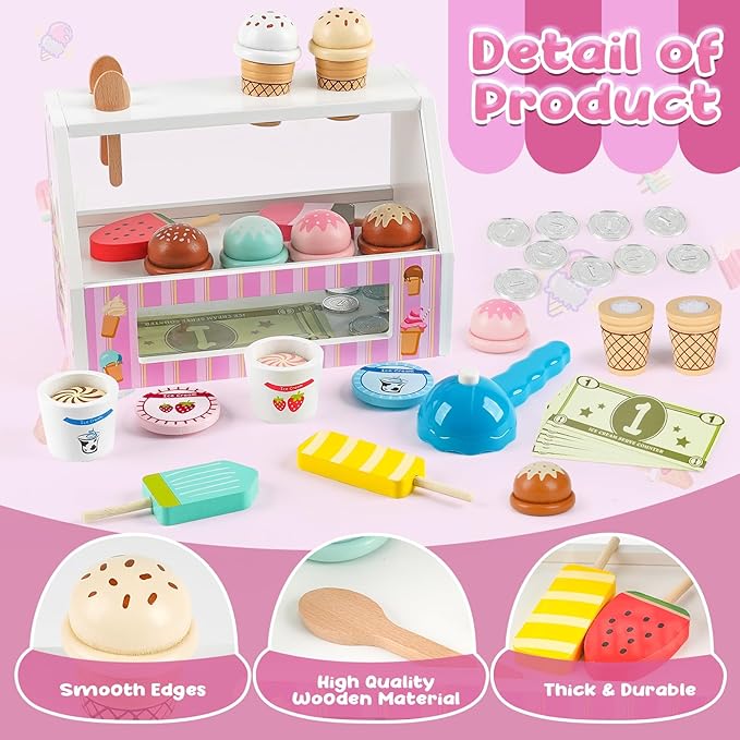 Dreamon Ice Cream Counter Playset for Kids, 38 PCS Wooden Ice Cream Set Shop for Toddlers 3-5, Toddler Pretend Play Toy, Christmas Birthday Gift for Boys and Girls