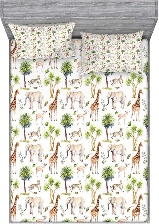 Ambesonne Watercolor Elephant Fitted Sheet & Pillow Sham Set, Wild Animals Giraffe Cheetah Antelope Savannah Palm Trees Tropic, Decorative Printed 3 Piece Bedding Decor Set, Full, Green Pale Brown