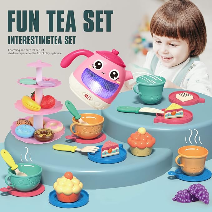 Tea Set for Little Girls 1-3, 48 PCS Tea Party Set for Toddler Little Girls 3-5 with Teapot Tea Cup Music & Light Play Food Toy Kitchen Accessories for Kids Girls Children Boys Toddler Birthday Gift