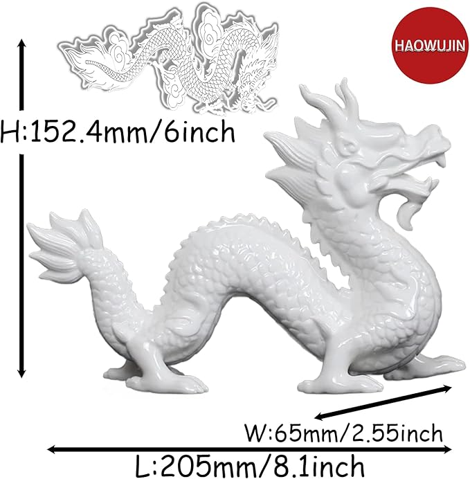 8.1in Large Chinese Dragon Statue, Dragon Figurines for Adults, Chinese Feng Shui Wealth Lucky Dragon Statue Table Top Ornament Decoration for Home, Office, Livingroom, Bedroom, Bookshelf, White