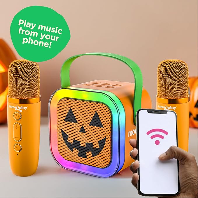 Move2Play, Halloween Karaoke Machine | Spooky Soundtrack & Voice Effects | Includes 2 Microphones | Bluetooth Wireless Music Player | Indoor & Outdoor Halloween Decoration for Kids & Adults