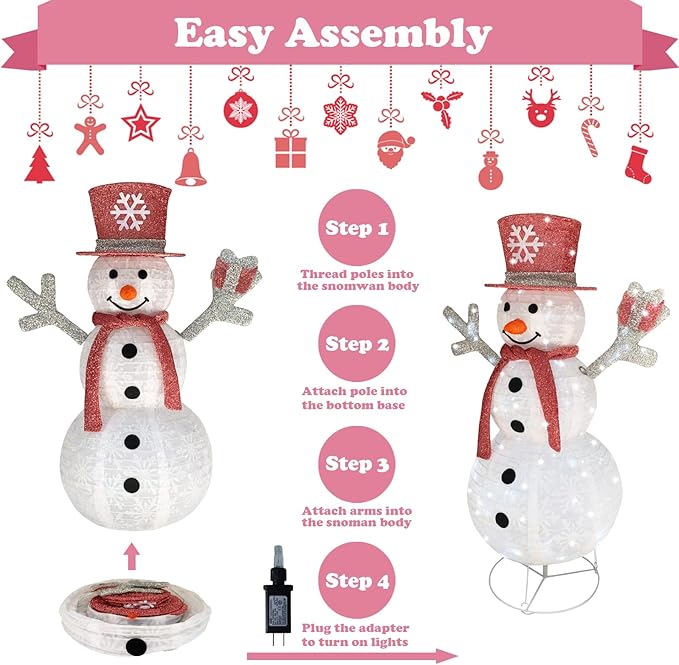 Outdoor Snowman Lighted, Pop-Up Snowman Outdoor Yard Christmas Decorations Prelit 100 Lights, Collapsible Lighted Snowmen Wear Scarf and Hold Light Up Gift Box for Home Pink Christmas Décor-Pink